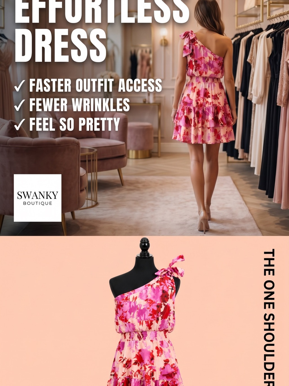 Swanky Boutique One-Shoulder Pink Floral Ruffle Dress